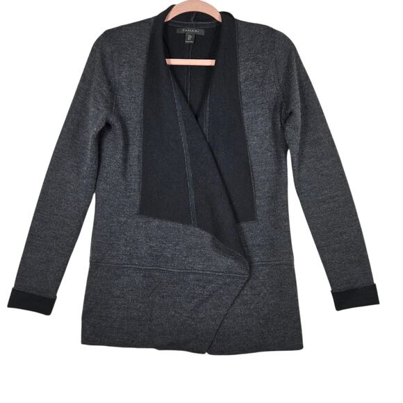 Tahari Cardigan Womens Small Gray Open Front Waterfall Merino Wool Blend Sweater - Picture 1 of 10